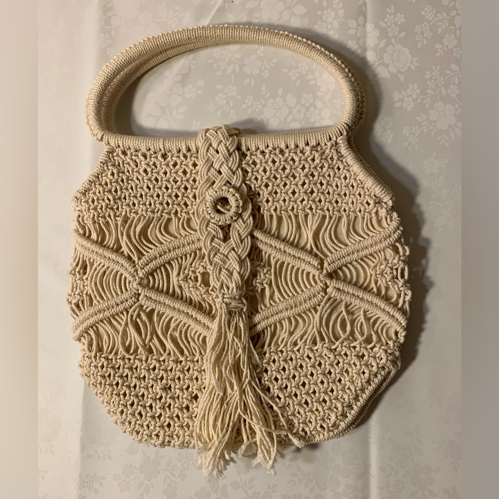 EUC Purse: Boho Macrame, Fringe, Single-Button Closure